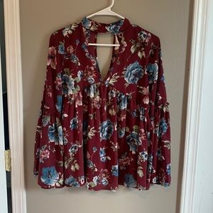 Burgundy flora choker top. Bell sleeves